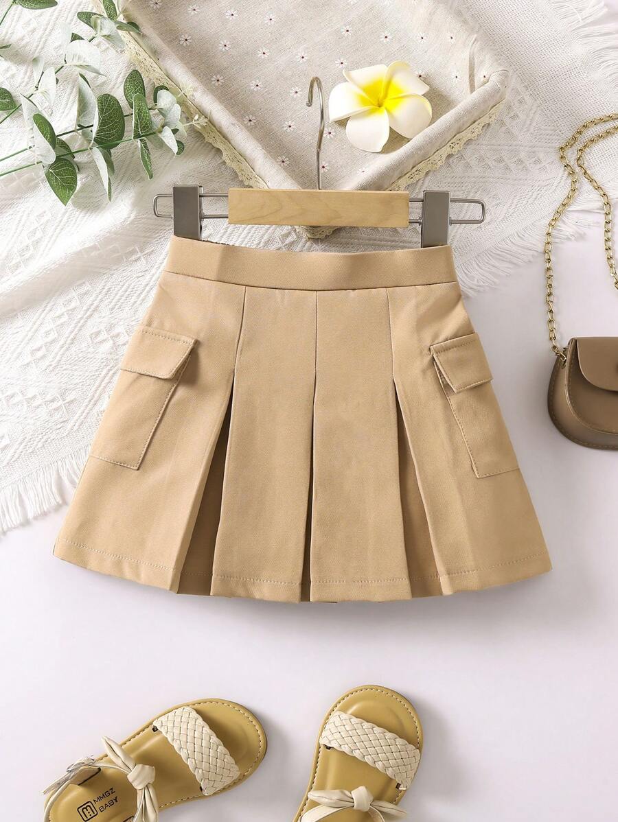 SHEIN Genkimix Kids 年輕女孩百摺裙，學院與城市風格，時尚且舒適，適合秋季、春季和夏季，適用於4-7歲女孩，非常適合外出、學校、家庭和度假 - 卡其色 - 查看 1