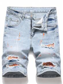 Manfinity Nam Quần short Denim Bông In Splash Ink Rách - Rửa nhẹ - Xem 1