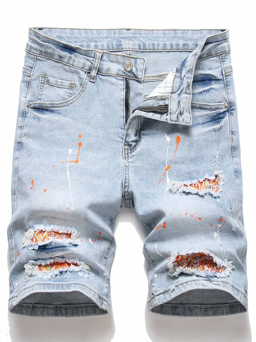 Manfinity Nam Quần short Denim Bông In Splash Ink Rách - Rửa nhẹ - Xem 1