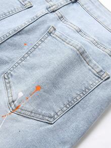 Manfinity Nam Quần short Denim Bông In Splash Ink Rách - Rửa nhẹ - Xem 4