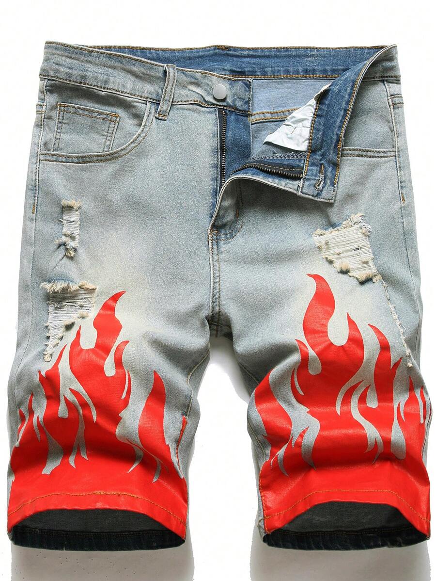 Manfinity Quần Short Denim Nam Túi Bị tách Denim mùa giặt Ngọn lửa - Rửa nhẹ - Xem 1