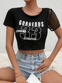 SHEIN Unity 字母圖案拼接漁網袖短款T恤 - 黑色 - 查看 1