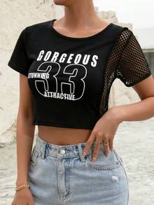 SHEIN Unity 字母圖案拼接漁網袖短款T恤 - 黑色 - 查看 3