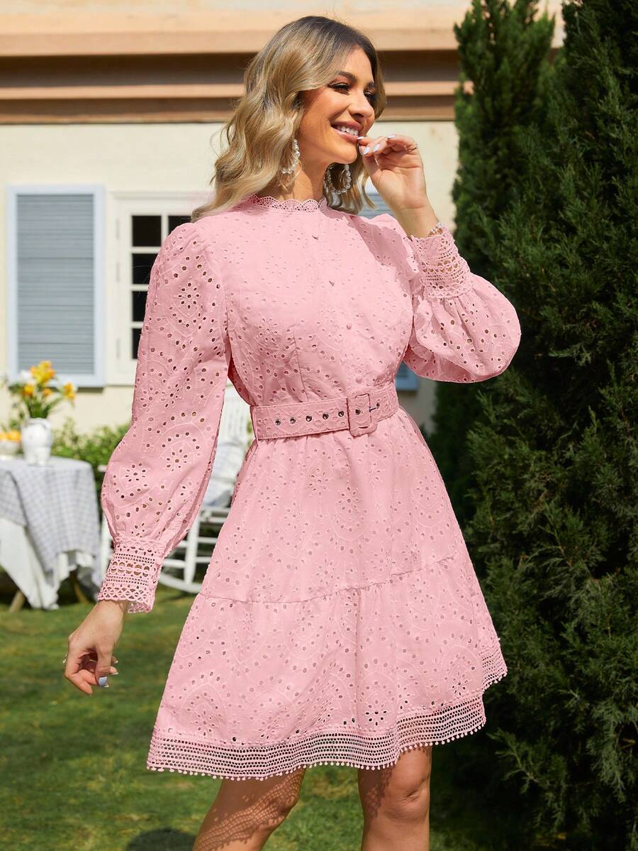 Simplee Eyelet Embroidery Ruffle Hem Belted Dress - Baby Pink - View 1