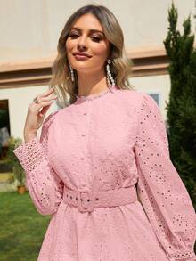 Simplee Eyelet Embroidery Ruffle Hem Belted Dress - Baby Pink - View 3