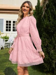 Simplee Eyelet Embroidery Ruffle Hem Belted Dress - Baby Pink - View 4