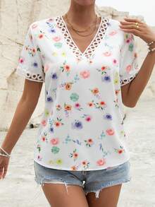 SHEIN VCAY 印花拼接水溶蕾絲襯衫 - 白色 - 查看 5