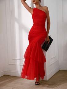 SHEIN Belle Vestido con hombro descubierto, drapeado, superposición de malla y bajo con diseño de cola de sirena para Año Nuevo, ropa de mujer, modelo maxi - Rojo - Ver 4