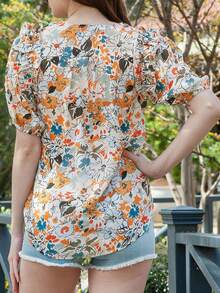 DOKOTOO Floral Print Tie Neck Ruffle Trim Blouse - Apricot - View 2