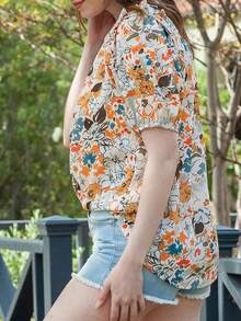 DOKOTOO Floral Print Tie Neck Ruffle Trim Blouse - Apricot - View 3