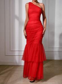 SHEIN Belle Vestido con hombro descubierto, drapeado, superposición de malla y bajo con diseño de cola de sirena para Año Nuevo, ropa de mujer, modelo maxi - Rojo - Ver 5