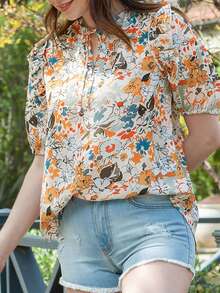 DOKOTOO Floral Print Tie Neck Ruffle Trim Blouse - Apricot - View 6