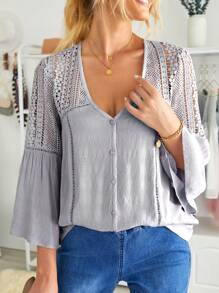 DOKOTOO Áo sơ mi nữ Tương phản ren Nút phía trước màu trơn Giải trí - Xám - Xem 2