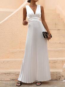 SHEIN Belle Plunging Neck Pleated Hem Dress - White - View 3