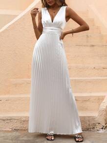 SHEIN Belle Plunging Neck Pleated Hem Dress - White - View 4