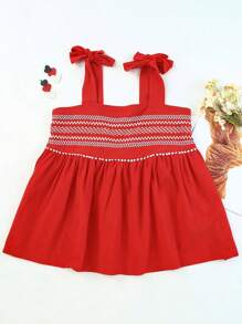 CILKOO Bow Shoulder Ruffle Hem Wide Strap Top - Red - View 3