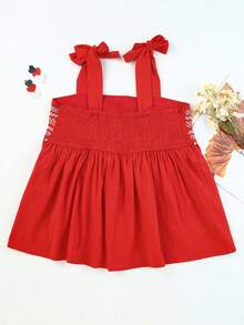 CILKOO Bow Shoulder Ruffle Hem Wide Strap Top - Red - View 2