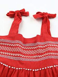 CILKOO Bow Shoulder Ruffle Hem Wide Strap Top - Red - View 4