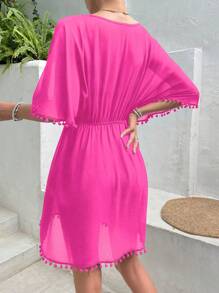 SHEIN Swim Pom Pom Trim Tie Front Cover Up Dress,Summer Beach