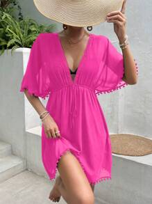 SHEIN Swim Pom Pom Trim Tie Front Cover Up Dress,Summer Beach