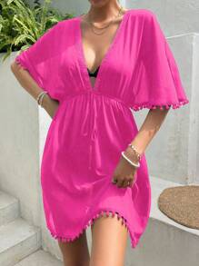 SHEIN Swim Pom Pom Trim Tie Front Cover Up Dress,Summer Beach