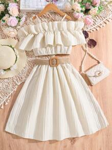 中小孩女孩露肩荷葉邊上衣和裙子 - 杏色 - 查看 4