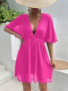SHEIN Swim Pom Pom Trim Tie Front Cover Up Dress,Summer Beach