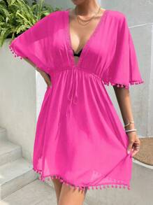 SHEIN Swim Pom Pom Trim Tie Front Cover Up Dress,Summer Beach