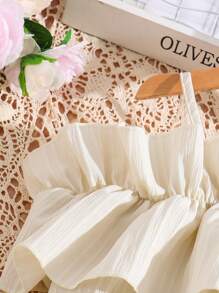 中小孩女孩露肩荷葉邊上衣和裙子 - 杏色 - 查看 8