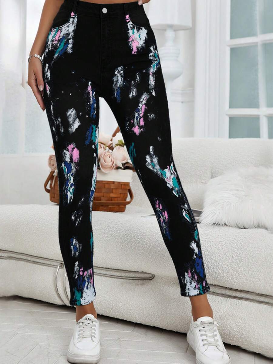 紮染緊身牛仔褲 - 黑色 - 查看 1