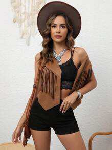 RELISH NOLESS Chaqueta/chaleco ligero con flecos, estilo vaquero, bohemio, hippie, bohemio antiguo para mujer - Marrón - Ver 3