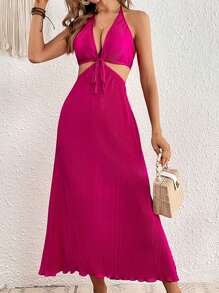 SHEIN VCAY Solid Tie Backless Halter Neck Dress - Hot Pink - View 1