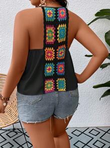 SHEIN Holidaya Plus Floral Crochet Panel Tank Top - Black - View 1