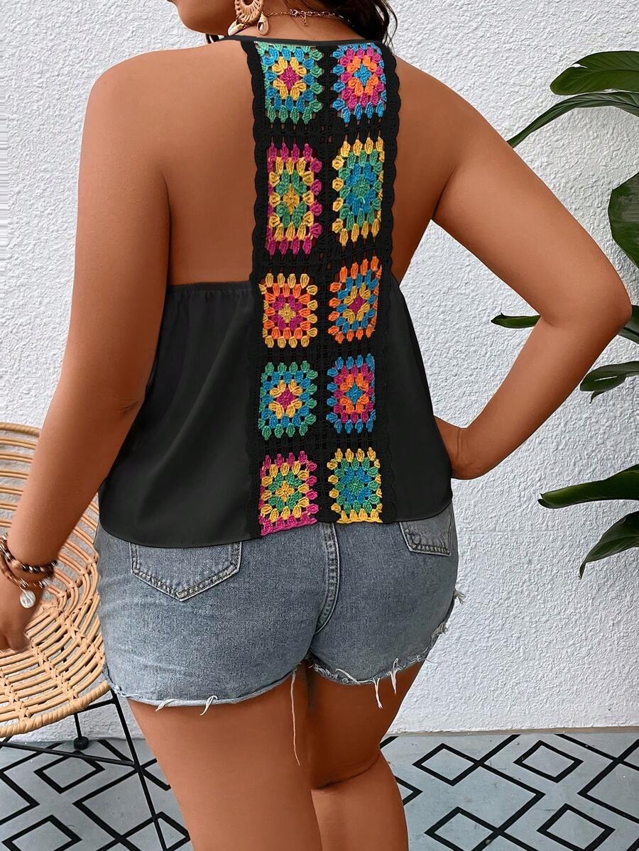 SHEIN Holidaya Plus Floral Crochet Panel Tank Top - Black - View 1