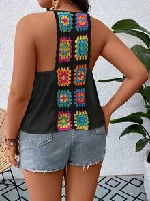 SHEIN Holidaya Plus Floral Crochet Panel Tank Top - Black - View 2