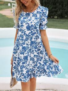 SHEIN VCAY 印花泡泡袖荷葉邊娃娃裙 - 白色 - 查看 1