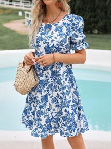 SHEIN VCAY 印花泡泡袖荷葉邊娃娃裙 - 白色 - 查看 4