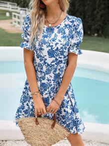 SHEIN VCAY 印花泡泡袖荷葉邊娃娃裙 - 白色 - 查看 5