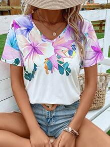 SHEIN LUNE Floral Print V Neck Tee - Lilac Purple - View 3