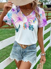 SHEIN LUNE Floral Print V Neck Tee - Lilac Purple - View 4