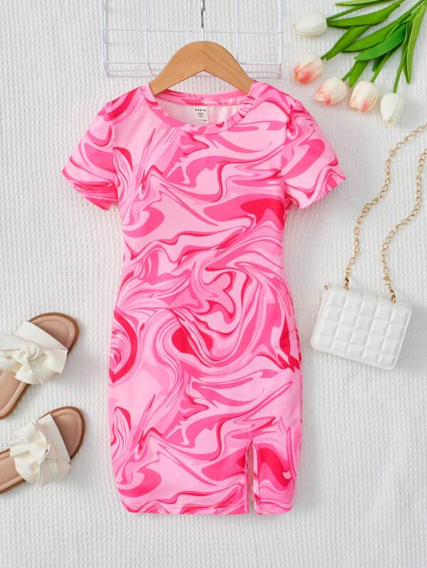 SHEIN Fetă tânără rochie cu tiv despicat cu imprimeu în marmură Rochie bodycon pentru copii fete rochie bodycon rochie roz Fetă tânără