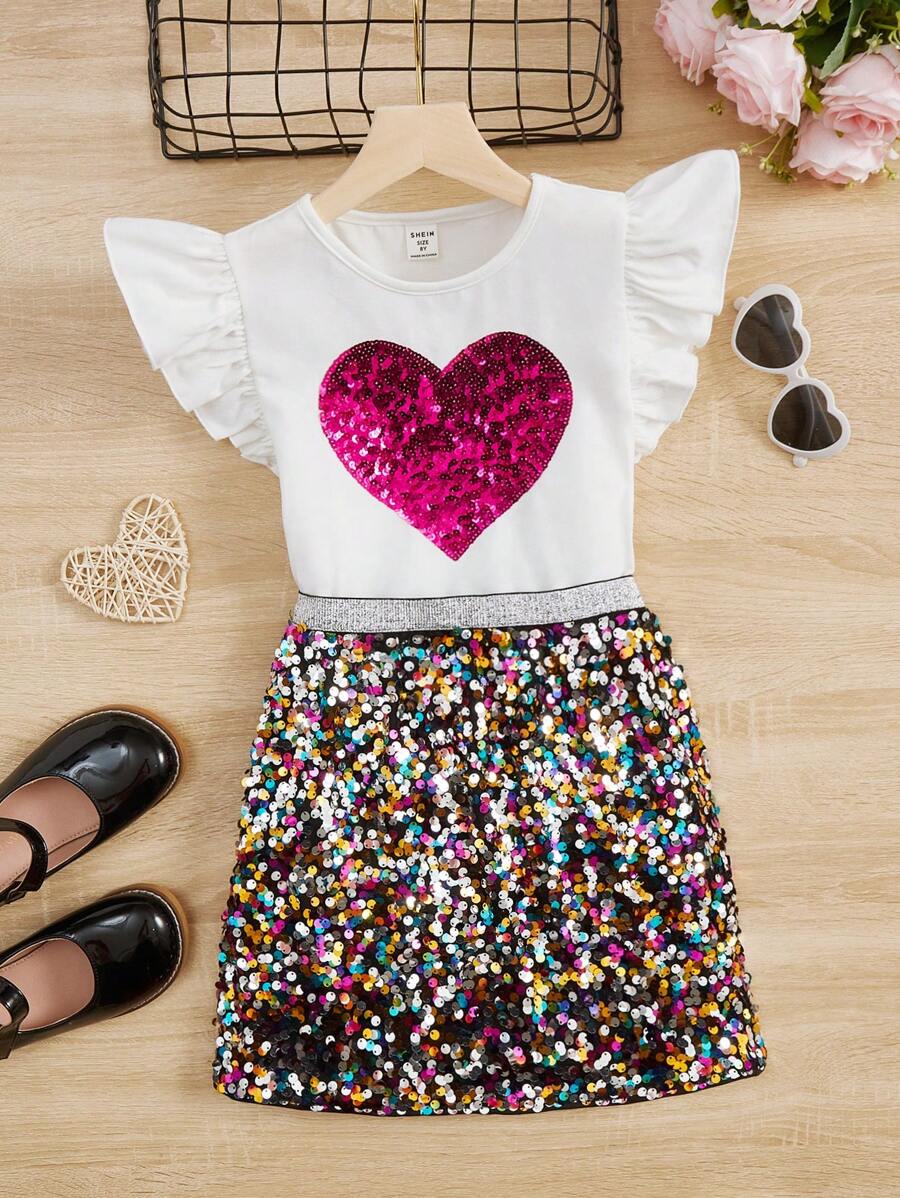 SHEIN Bộ 2 món/Bộ áo len tay lỡ thêu cho bé gái mới biết đi và chân váy trang trí ngọc trai, ngày lễ tình nhân - Nhiều màu - Xem 1