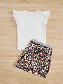 SHEIN Bộ 2 món/Bộ áo len tay lỡ thêu cho bé gái mới biết đi và chân váy trang trí ngọc trai, ngày lễ tình nhân - Nhiều màu - Xem 2