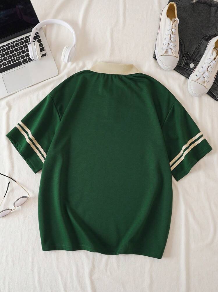 INAWLY Letter Graphic Contrast Collar Polo Shirt Graphic Tees Women Tops - Dark Green - View 2