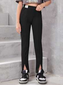 SHEIN Girls Letter Patched Detail Split Hem Leggings - Black - View 1