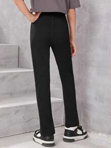 SHEIN Girls Letter Patched Detail Split Hem Leggings - Black - View 2