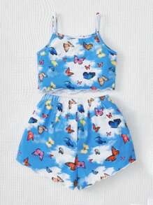 SHEIN Leap Crew Cô Gái Trẻ In bướm Bộ Áo Cami & Quần shorts PJ - Nhiều màu - Xem 2