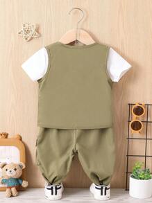 Baby Boy Solid Tee & Flap Pocket Vest Jacket & Trousers Set - Multicolor - View 2