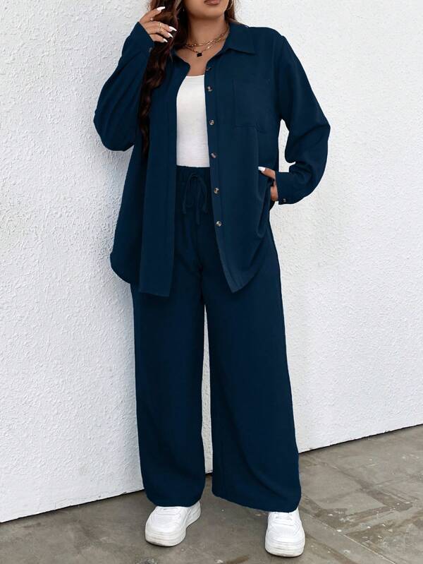 SHEIN LUNE Plus Solid Drop Shoulder Shirt & Wide Leg Pants