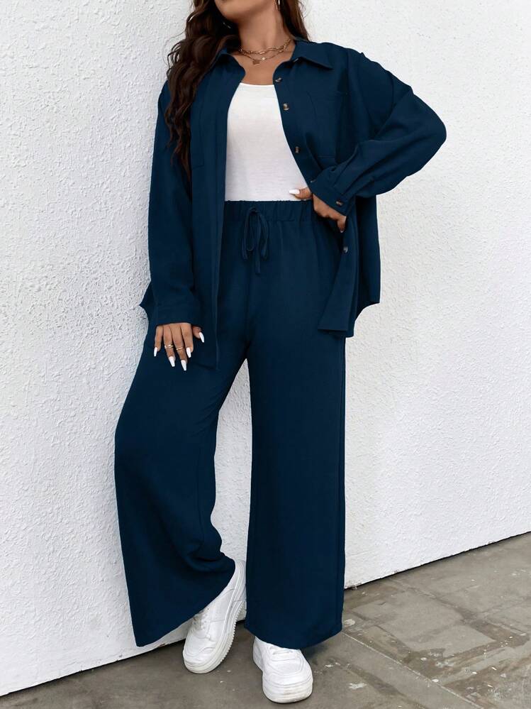 SHEIN LUNE Plus Solid Drop Shoulder Shirt & Wide Leg Trousers - Navy Blue - View 3